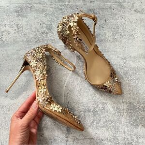 Jimmy Choo Lorelai 100 Gold Floral Applique Pumps 38.5